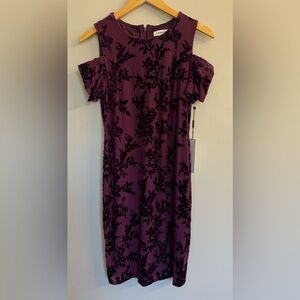 NWT Calvin Klein Velvet Cold Shoulder Sheath Dress Purple Floral Sz 8 Feminine